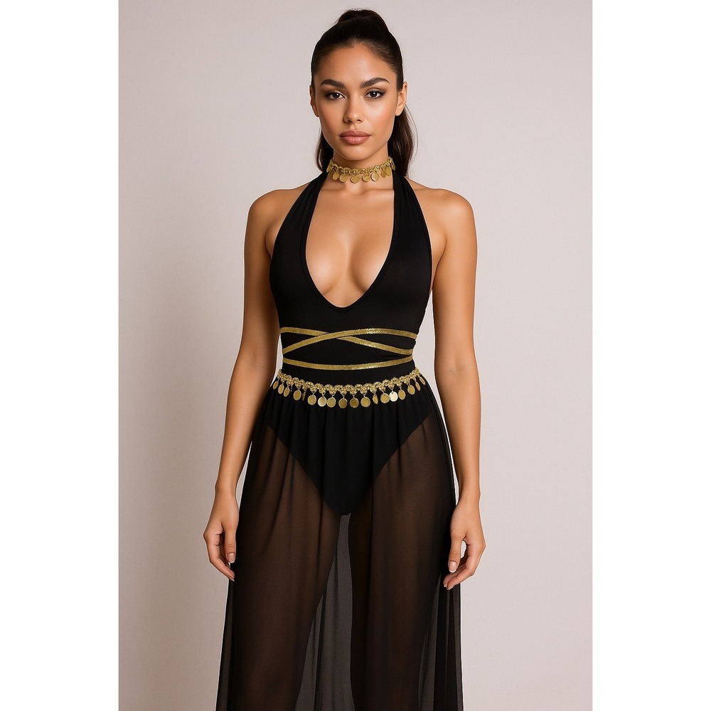 New Large Goddess Costume Halter Black Sheer Dress Gold Halloween Cleopatra